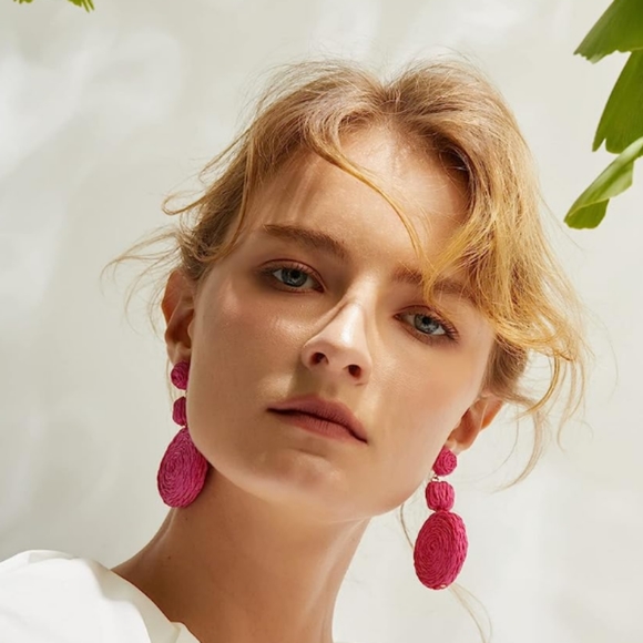 Chunky Petal Pink Raffia Earrings Wicker Bold Retro Statement Dangle 80s 90s New - Picture 7 of 7